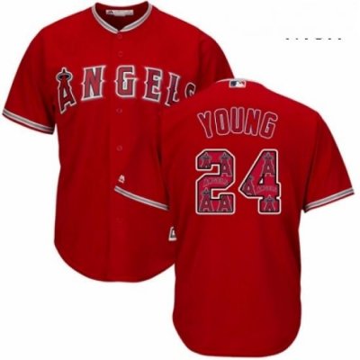 Mens Majestic Los Angeles Angels of Anaheim 24 Chris Young Authentic Red Team Logo Fashion Cool Base MLB Jersey