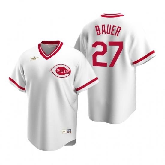 Mens Nike Cincinnati Reds 27 Trevor Bauer White CooperstoWn Collection Home Stitched Baseball Jersey