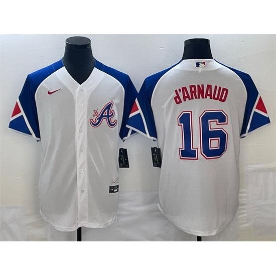 Men Atlanta Braves 16 Travis D 27Arnaud White 2023 City Connect Cool Base Stitched Baseball Jersey