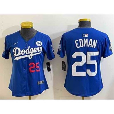 Women Los Angeles Dodgers 25 Tommy Edman Royal 2024 World Series With No  34 Patch Alternate Limited Stitched Baseball Jersey