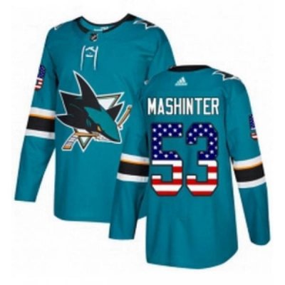 Mens Adidas San Jose Sharks 53 Brandon Mashinter Authentic Teal Green USA Flag Fashion NHL Jersey