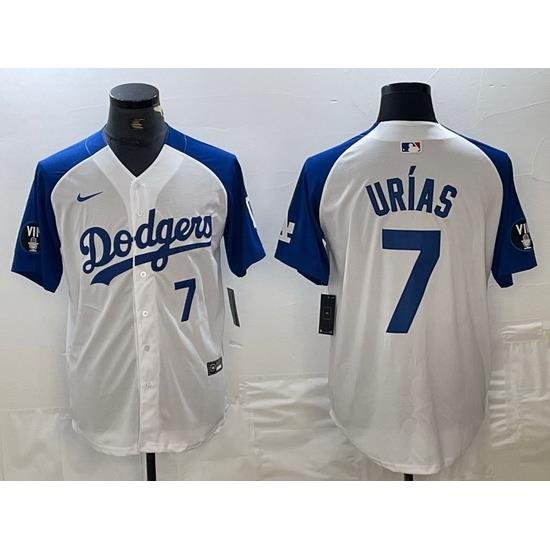 Men Los Angeles Dodgers 7 Julio Urias White Blue Vin Patch Cool Base Stitched Baseball Jersey 1