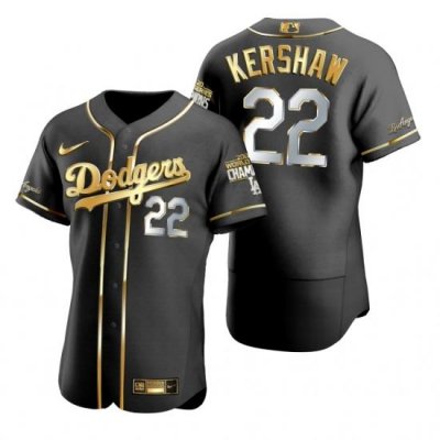 Men Los Angeles Dodgers 22 Clayton KershaW Black 2020 World Series Champions Gold Edition Jersey