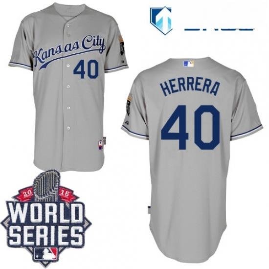 Mens Majestic Kansas City Royals 40 Kelvin Herrera Replica Grey Road Cool Base 2015 World Series Patch MLB Jersey