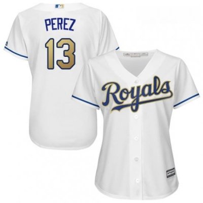 Womens Majestic Kansas City Royals 13 Salvador Perez Replica White Home Cool Base MLB Jersey