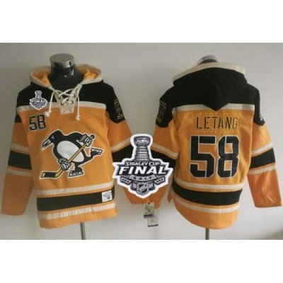 Men Pittsburgh Penguins 58 Kris Letang Gold Sawyer Hooded Sweatshirt 2017 Stanley Cup Final Patch Stitched NHL Jersey