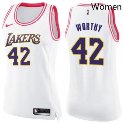 Womens Nike Los Angeles Lakers 42 James Worthy Swingman WhitePink Fashion NBA Jersey