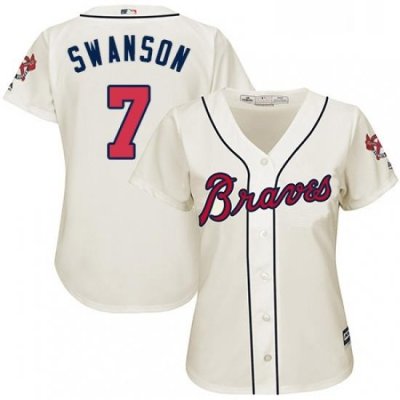 Womens Majestic Atlanta Braves 7 Dansby Swanson Authentic Cream Alternate 2 Cool Base MLB Jersey