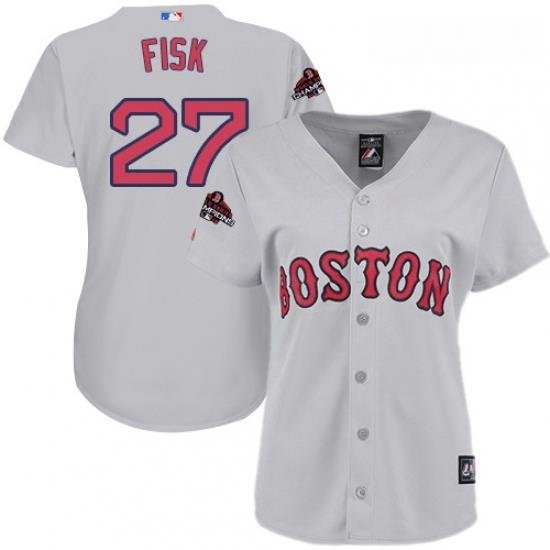 Womens Majestic Boston Red Sox 27 Carlton Fisk Authentic Grey Road 2018 World Series Champions MLB Jersey