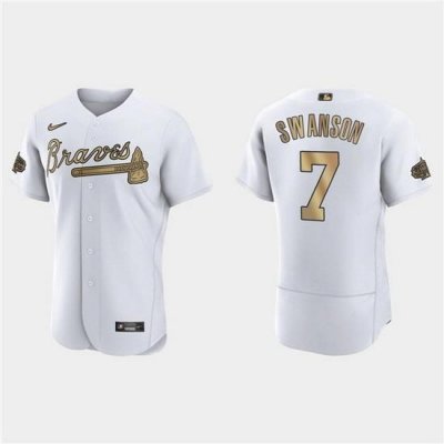 Men Atlanta Braves 7 Dansby SWanson 2022 All Star White Flex Base Stitched Baseball Jersey