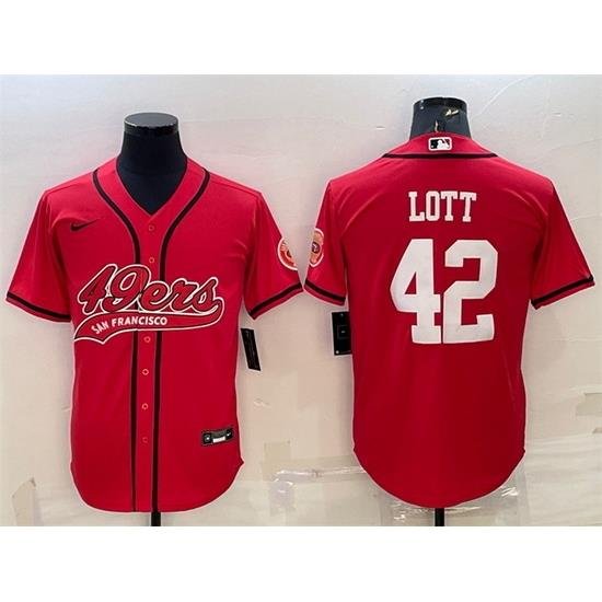 Men San Francisco 49ers 42 Ronnie Lott Red With Patch Cool Base Stitched Baseball JerseyS