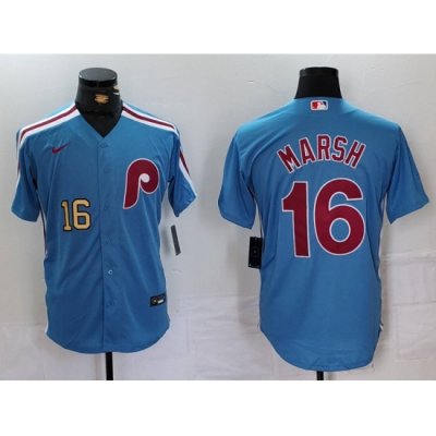 Men Philadelphia Phillies 16 Brandon Marsh Blue Cool Base Stitched Jersey 2