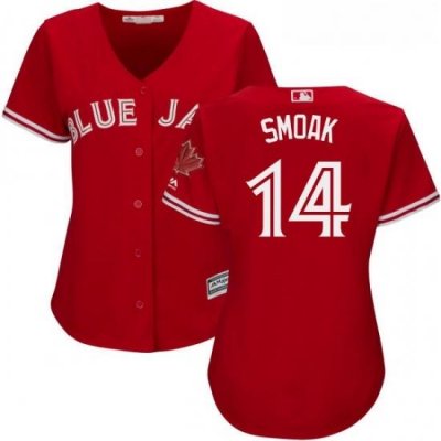 Womens Majestic Toronto Blue Jays 14 Justin Smoak Replica Scarlet Alternate MLB Jersey