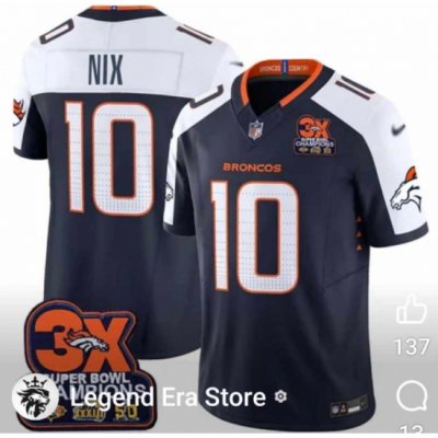 Men Denver Broncos 10 Bo Nix Navy 3X Super Bowl Champions Patch 2024 F U S E Limited Stitched Football Jersey