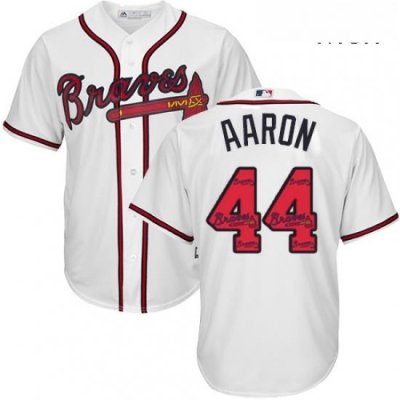 Mens Majestic Atlanta Braves 44 Hank Aaron Authentic White Team Logo Fashion Cool Base MLB Jersey