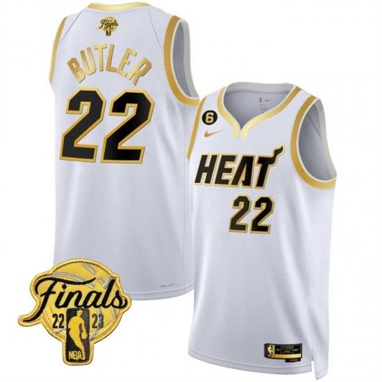 Men Miami Heat 22 Jimmy Butler White Gold Edition 2023 Finals Collection With NO 6 Patch Stitched Basketball Jersey