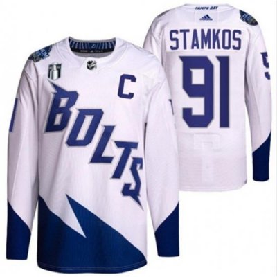 Men Tampa Bay Lightning 91 Steven Stamkos 2022 White Stanley Cup Final Patch Stitched Jersey