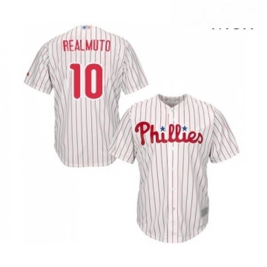 Mens Philadelphia Phillies 10 J T Realmuto Replica White Red Strip Home Cool Base Baseball Jersey