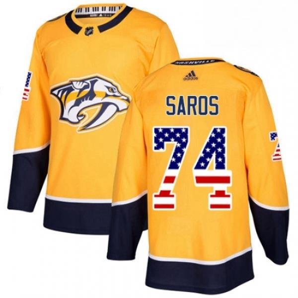 Mens Adidas Nashville Predators 74 Juuse Saros Authentic Gold USA Flag Fashion NHL Jersey