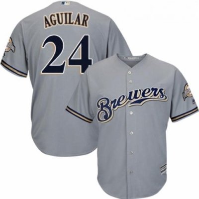 Youth Majestic Milwaukee Brewers 24 Jesus Aguilar Replica Grey Road Cool Base MLB Jersey