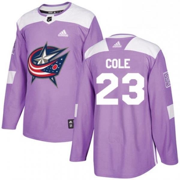 Mens Adidas Columbus Blue Jackets 23 Ian Cole Authentic Purple Fights Cancer Practice NHL Jersey