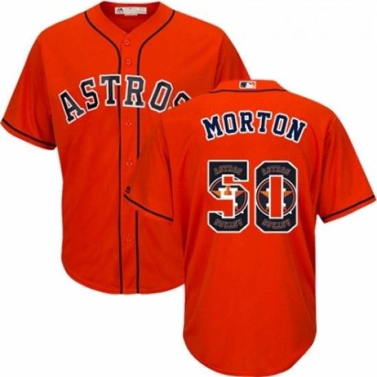 Mens Majestic Houston Astros 50 Charlie Morton Authentic Orange Team Logo Fashion Cool Base MLB Jersey