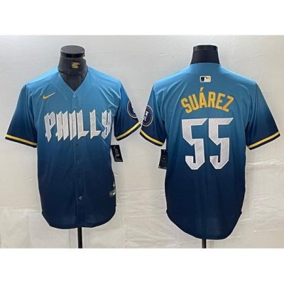 Men Philadelphia Phillies 55 Ranger Suarez Blue 2024 City Connect Limited Stitched Jersey 1