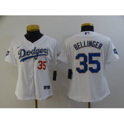 Women Los Angeles Dodgers Cody Bellinger 35 Championship Gold Trim White Limited All Stitched Flex Base Jersey