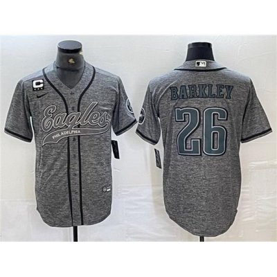 Men Philadelphia Eagles 26 Saquon Barkley Gray With 3 star C Patch Cool Base Baseball Stitched Jersey