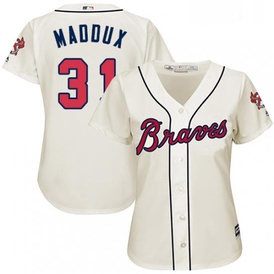 Womens Majestic Atlanta Braves 31 Greg Maddux Replica Cream Alternate 2 Cool Base MLB Jersey