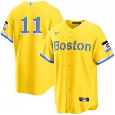 Men Boston Red Sox 11 Rafael Devers Nike Gold Light Blue 2021 City Connect Player Jersey