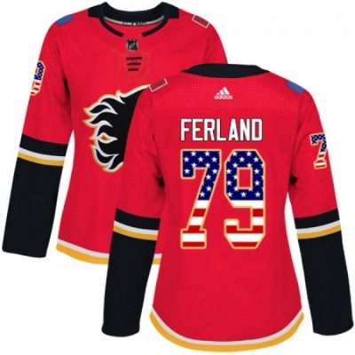 Womens Adidas Calgary Flames 79 Michael Ferland Authentic Red USA Flag Fashion NHL Jersey