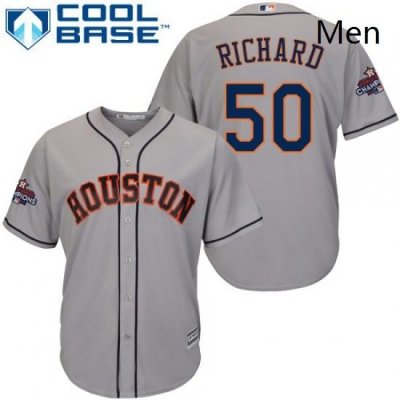 Mens Majestic Houston Astros 50 JR Richard Replica Grey Road 2017 World Series Champions Cool Base MLB Jersey