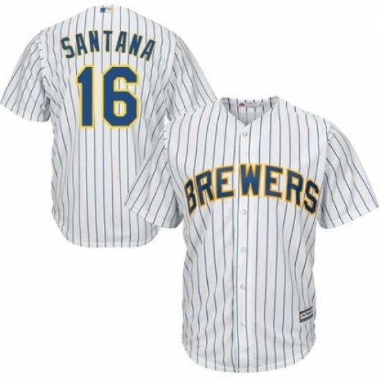 Youth Majestic Milwaukee Brewers 16 Domingo Santana Authentic White Home Cool Base MLB Jersey