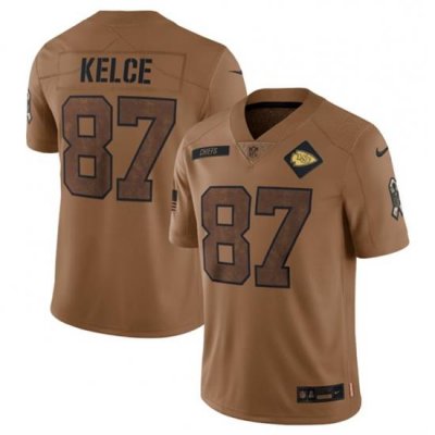 Men   Kansas City Chiefs 87 Travis Kelce 2023 Brown Salute To Service Limited Stitched Jersey