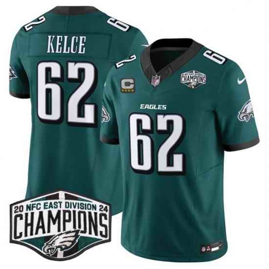 Men Philadelphia Eagles 62 Jason Kelce Green 2024 New NFC East Champions With 4 Star C Patch F U S E  Vapor Untouchable Limited Stitched Football Jersey