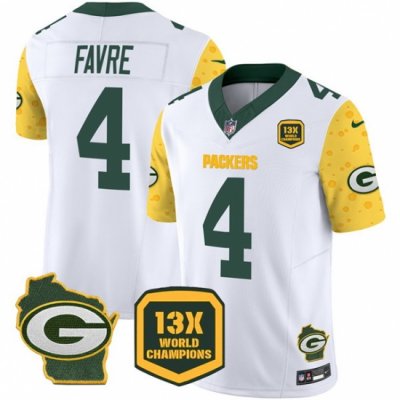 Men Green Bay Packers 4 Brett Favre Cheese White 2024 F U S E  13 Time World Champions And Home Patch Vapor Untouchable Limited Stitched Football Jersey