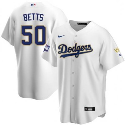 Men Los Angeles Dodgers Mookie Betts 50 Championship Gold Trim White Limited All Stitched Cool Base Jersey