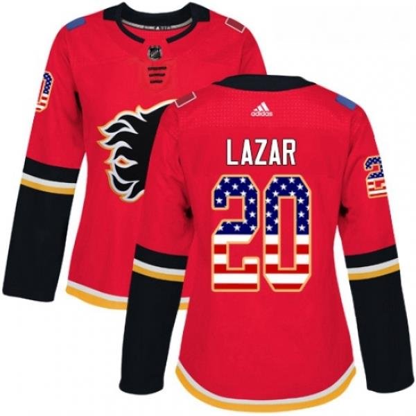 Womens Adidas Calgary Flames 20 Curtis Lazar Authentic Red USA Flag Fashion NHL Jersey