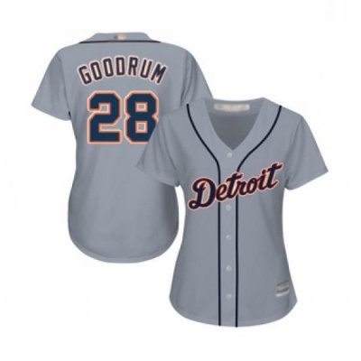 Womens Detroit Tigers 28 Niko Goodrum Replica Grey Road Cool Base Baseball Jersey