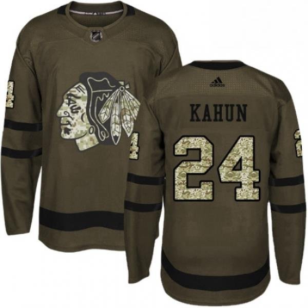 Mens Adidas Chicago Blackhawks 24 Dominik Kahun Green Salute to Service Stitched NHL Jersey