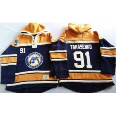 St. Louis Blues 91 Vladimir Tarasenko Navy Blue Gold Sawyer Hooded Sweatshirt Stitched Jersey