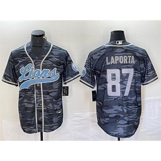 Men Detroit Lions 87 Sam LaPorta Grey Camo Cool Base Stitched Baseball Jersey