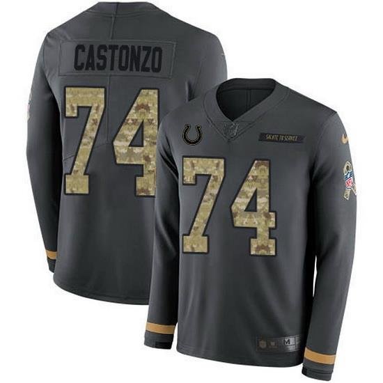 Nike Colts 74 Anthony Castonzo Anthracite Salute to Service Men Stitched NFL Limited Therma Long Sleeve Jersey