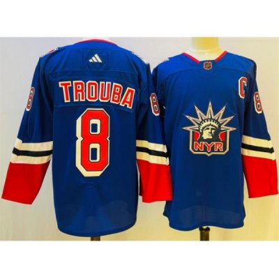 Men New York Rangers 8 Jacob Trouba Blue 2022 23 Reverse Retro Stitched Jersey