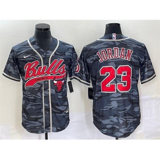 Men Chicago Bulls 23 Michael Jordan Gray Camo Cool Base Stitched Baseball Jersey