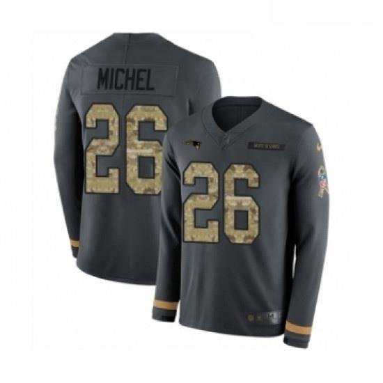 Mens Nike New England Patriots 26 Sony Michel Limited Black Salute to Service Therma Long Sleeve NFL Jersey