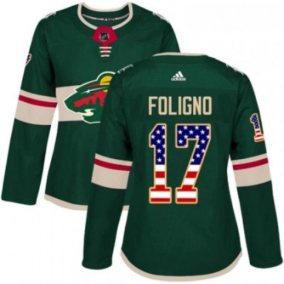 Womens Adidas Minnesota Wild 17 Marcus Foligno Authentic Green USA Flag Fashion NHL Jersey