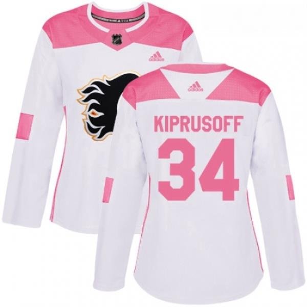 Womens Adidas Calgary Flames 34 Miikka Kiprusoff Authentic WhitePink Fashion NHL Jersey