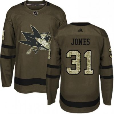 Mens Adidas San Jose Sharks 31 Martin Jones Premier Green Salute to Service NHL Jersey